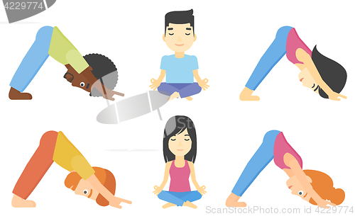 Image of Vector set of men and women practicing yoga.