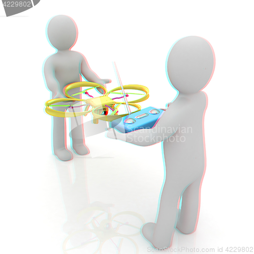 Image of 3d man with drone, quadrocopter, with photo camera. 3d render. 3