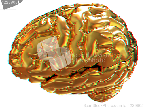 Image of Gold brain. 3d render. Anaglyph. View with red/cyan glasses to s