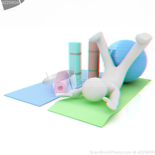 Image of 3d man on a karemat with fitness ball. 3D illustration. Anaglyph