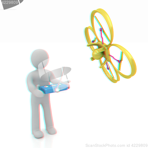 Image of 3d man with drone, quadrocopter, with photo camera. 3d render. 3