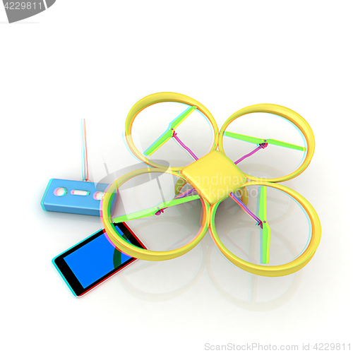 Image of Drone, remote controller and tablet PC. Anaglyph. View with red/
