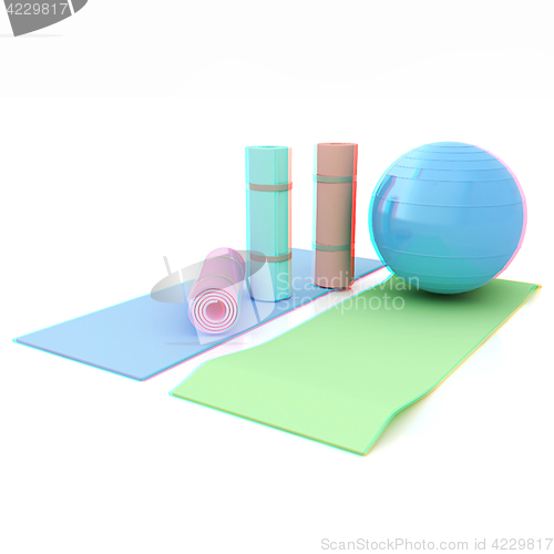 Image of karemat and fitness ball. 3D illustration. Anaglyph. View with r