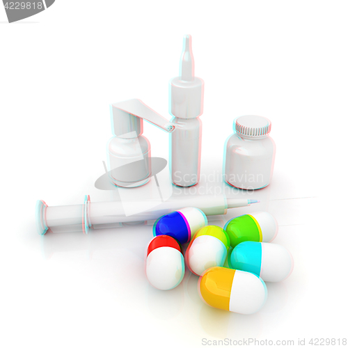 Image of Syringe, tablet, pill jar. 3D illustration. Anaglyph. View with 