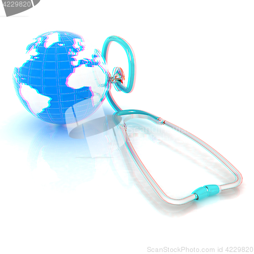 Image of stethoscope and globe.3d illustration. Anaglyph. View with red/c