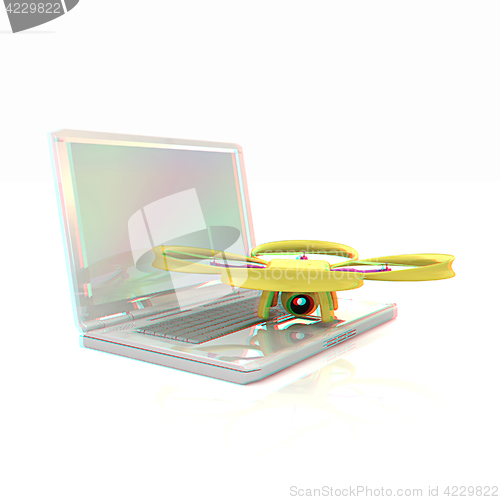 Image of Drone and laptop. 3D render. Anaglyph. View with red/cyan glasse