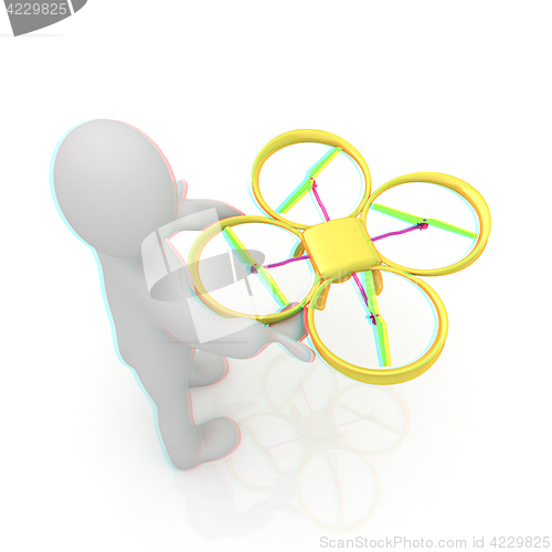 Image of 3d man with drone, quadrocopter, with photo camera. 3d render. 3