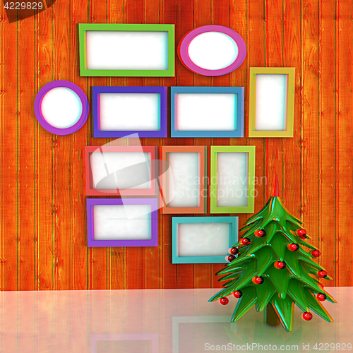 Image of Mock up poster on the wood wall with christmas tree and decorati