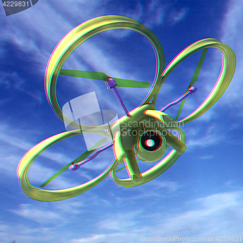 Image of Drone, quadrocopter, with photo camera against the sky. 3D illus