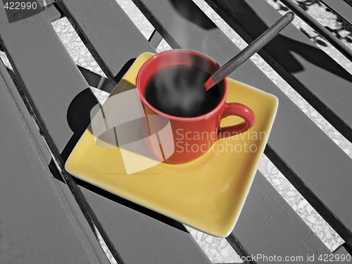 Image of steaming coffee cup on a chair