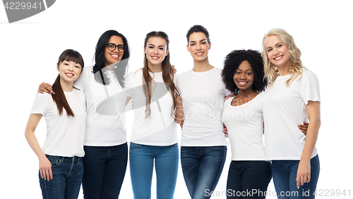 Image of international group of happy women hugging