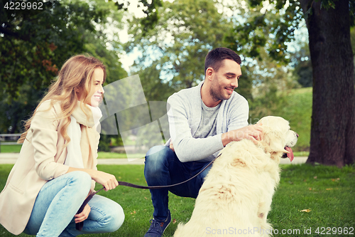 Image of happy couple with labrador dog walking in city