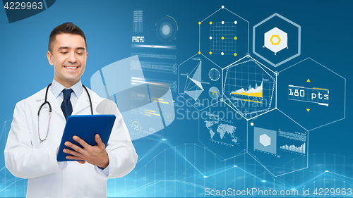 Image of smiling male doctor with clipboard and stethoscope