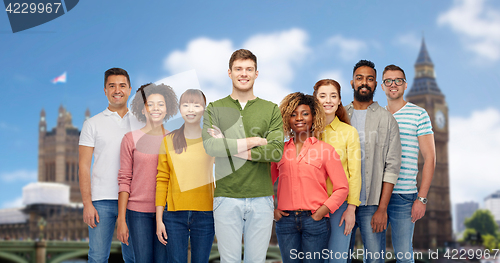 Image of international group of happy people over london