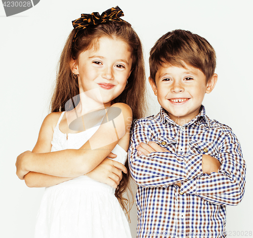 Image of little cute boy and girl hugging playing on white background, happy smiling family, lifestyle people concept