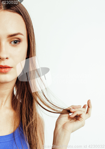 Image of young pretty teenage hipster girl posing emotional happy smiling on white background, lifestyle people concept 