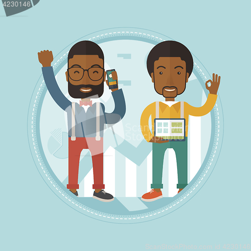 Image of Two businessmen celebrating business success.