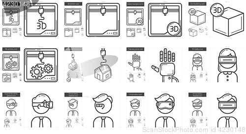 Image of Virtual reality and 3D technology line icon set.