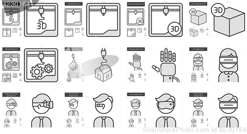 Image of Virtual reality and 3D technology line icon set.