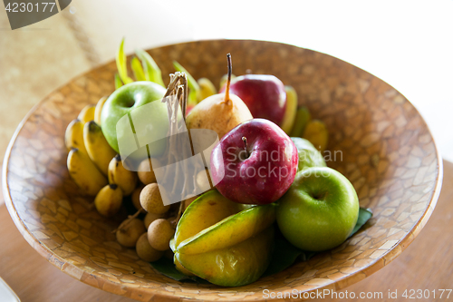 Image of still life with exotic tropical fruits in bowl