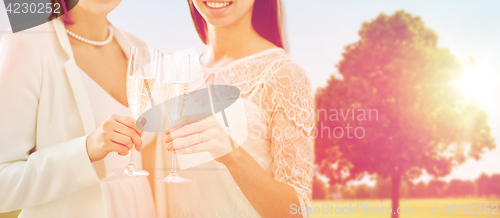 Image of close up of lesbian couple with champagne glasses