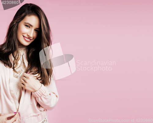 Image of young cute disco girl on pink background smiling adorable emotions copyspace, lifestyle people concept