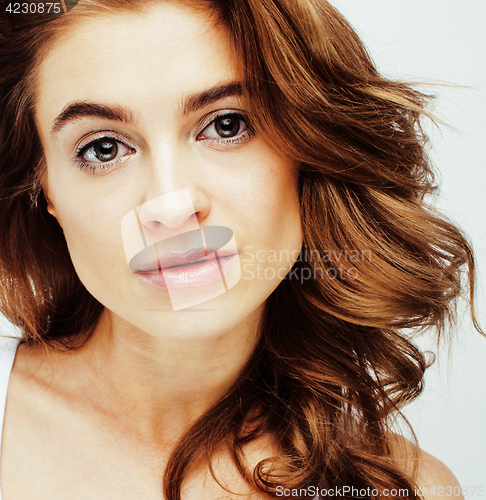 Image of young pretty brunette woman emotional posing, happy smiling isolated on white background, lifestyle people concept 