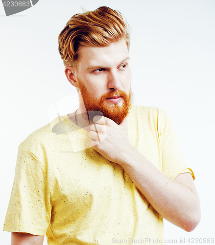 Image of portrait of young bearded hipster guy smiling on white background close up isolated, lifestyle real modern people concept