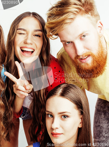 Image of company of hipster guys, bearded red hair boy and girls students having fun together friends, diverse fashion style, lifestyle people concept isolated on white background