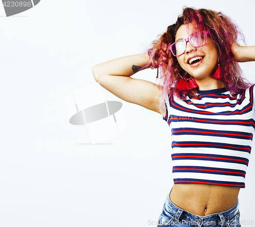 Image of young happy smiling latin american teenage girl emotional posing on white background, lifestyle people concept 