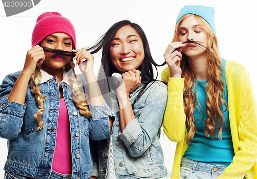 Image of diverse nation girls group, teenage friends company cheerful having fun, happy smiling, cute posing isolated on white background, lifestyle people concept 