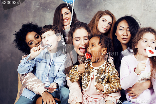 Image of Lifestyle and people concept: young pretty diversity nations woman with different age children celebrating on birth day party together happy smiling, making selfie. African-american, asian and caucasi