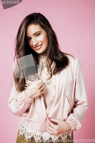 Image of young cute disco girl on pink background smiling adorable emotions copyspace, lifestyle people concept