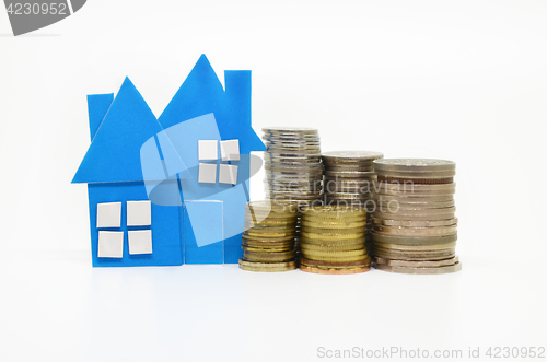 Image of House model and stacks of coins