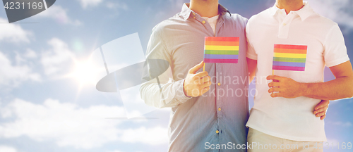 Image of close up of male gay couple holding rainbow flags