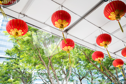 Image of ceiling decorated with hanging chinese lanterns