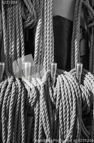Image of The ropes braided in bays on an ancient sailing vessel