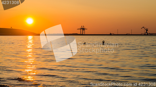 Image of Couple bathing at sunset in the sea