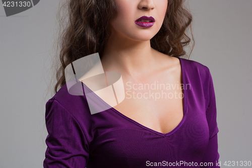 Image of Seductive decollete concept. Profile portrait of beautiful young woman. Perfect natural make-up.