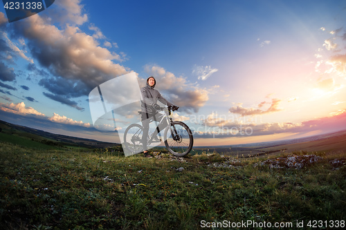 Image of Young man cycling on a rural road through meadow