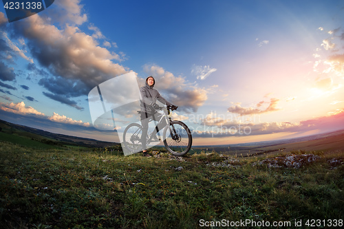 Image of Young man cycling on a rural road through meadow