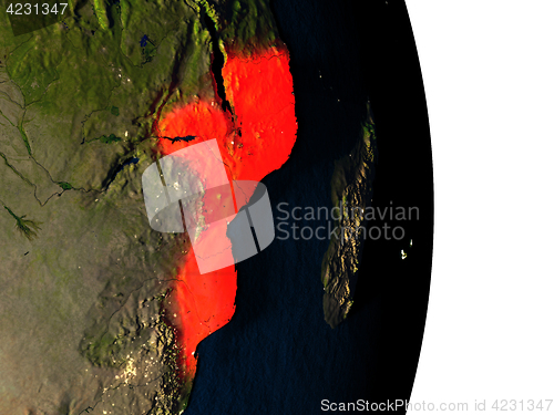 Image of Mozambique from space during dusk