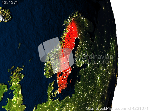 Image of Sweden from space during dusk