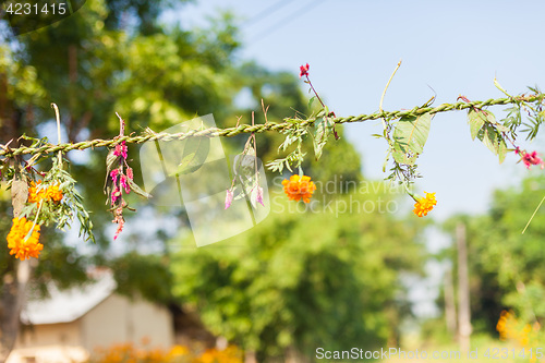 Image of Flower and grass garlands for Tihar in Nepal