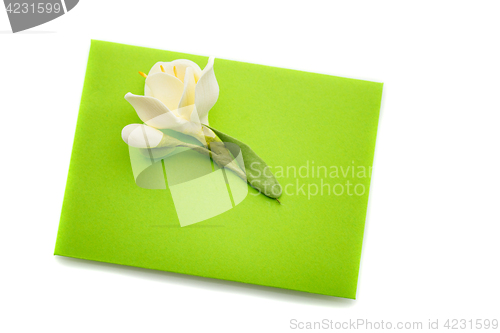 Image of Close up of green envelope with flower