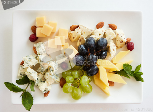 Image of cheese variation on a white table.