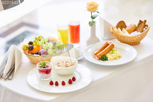 Image of delicious breakfast for two at the luxury hotel.