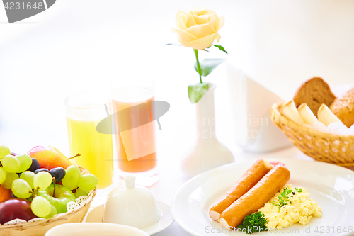 Image of delicious breakfast for two at the luxury hotel.