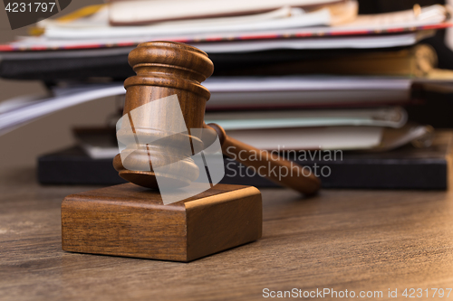 Image of Documents, judge\'s hammer on table