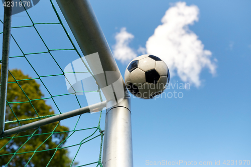 Image of soccer ball flying into football goal net over sky